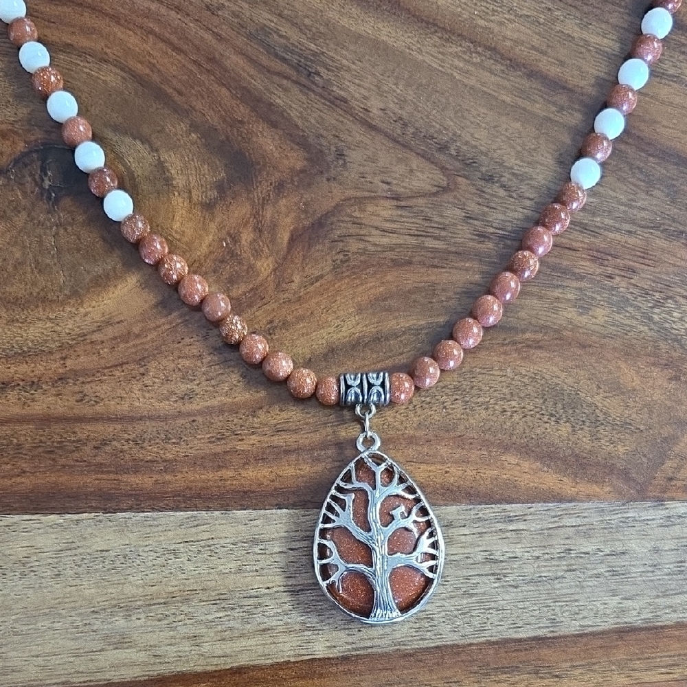 White shell and Goldstone Beaded Necklace with Goldstone Tree of Life Pendant